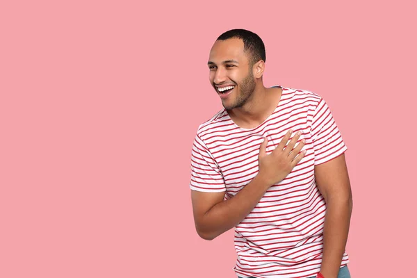 Portrait Laughing African American Man Pink Background Space Text — Stock Photo, Image