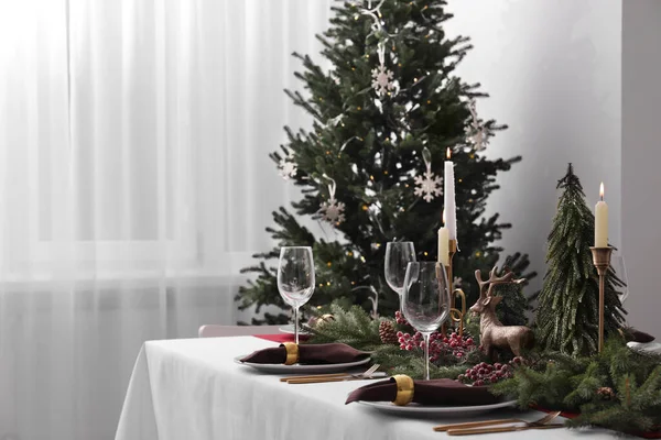 Beautiful Table Setting Christmas Decor Room Space Text — Stock Photo, Image