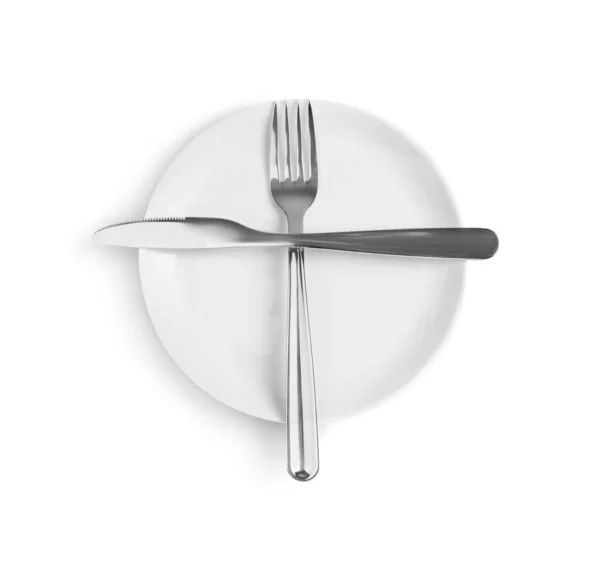 Ceramic Plate Fork Knife White Background Top View — 图库照片