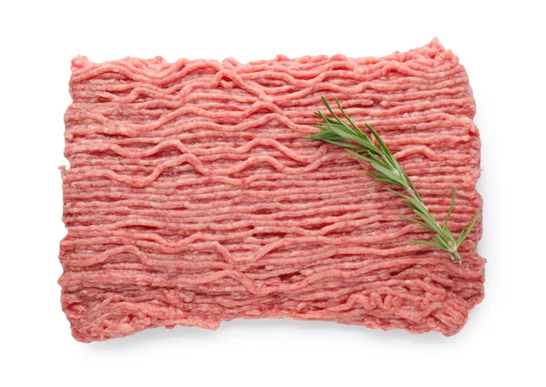 Daging Cincang Segar Mentah Dengan Rosemary Terisolasi Pada Tampilan Putih — Stok Foto