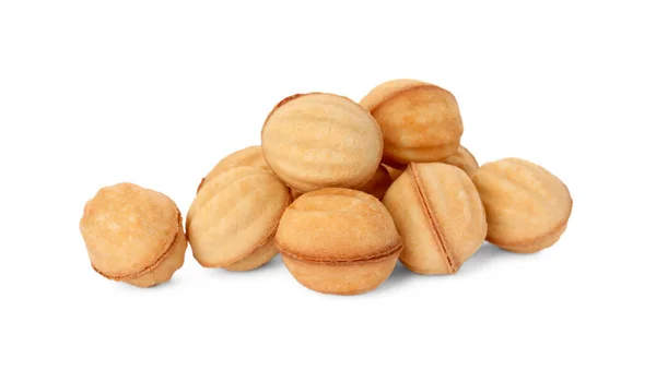 Deliciosos Biscoitos Forma Noz Com Leite Condensado Fervido Fundo Branco — Fotografia de Stock