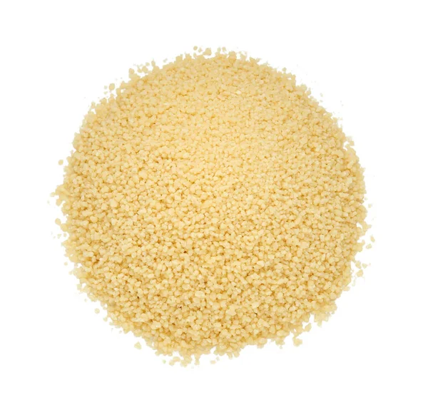 stock image Pile of raw couscous on white background, top view