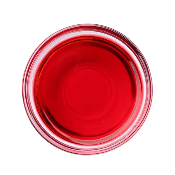 Skleněná Miska Červeným Potravinářským Barvivem Izolované Bílém Horní Pohled — Stock fotografie