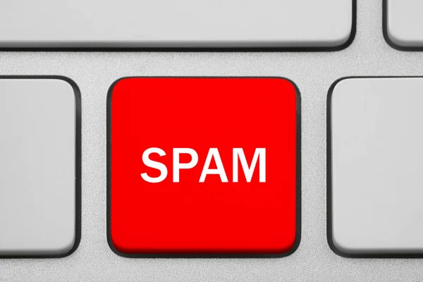 Red Button Word Spam Computer Keyboard Top View — Stock Photo, Image