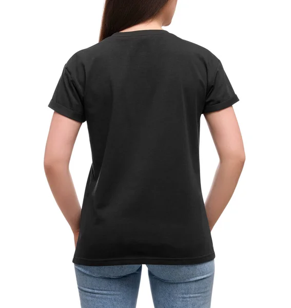 Femme Portant Élégant Shirt Noir Sur Fond Blanc Gros Plan — Photo