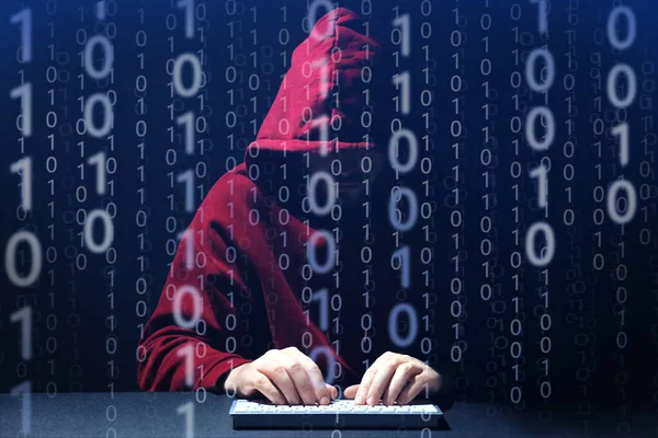 Homem Anônimo Com Teclado Código Binário Escuridão — Fotografia de Stock