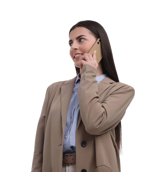 Schöne Geschäftsfrau Spricht Auf Smartphone Vor Weißem Hintergrund — Stockfoto