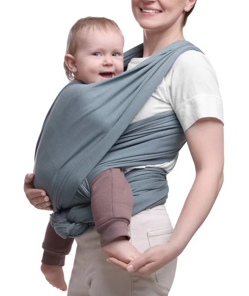 Moeder Houdt Haar Kind Baby Wrap Witte Achtergrond Close — Stockfoto