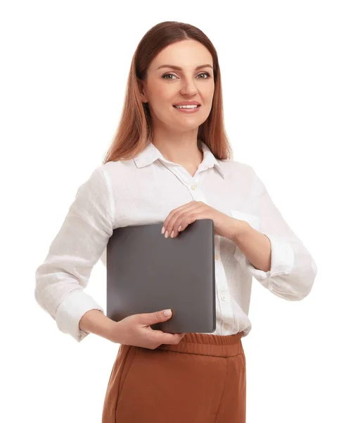Schöne Glückliche Geschäftsfrau Mit Laptop Auf Weißem Hintergrund — Stockfoto