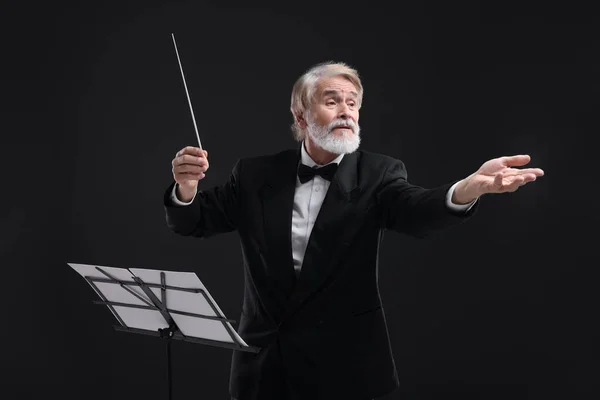 Professional Conductor Baton Note Stand Black Background — Stock Photo, Image