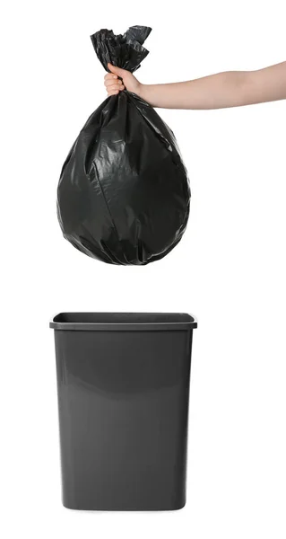 Woman Holding Trash Bag Full Garbage Bucket White Background Closeup — Stockfoto