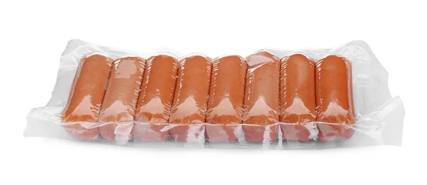 Pacote Vácuo Com Salsichas Isoladas Branco Produto Base Carne — Fotografia de Stock