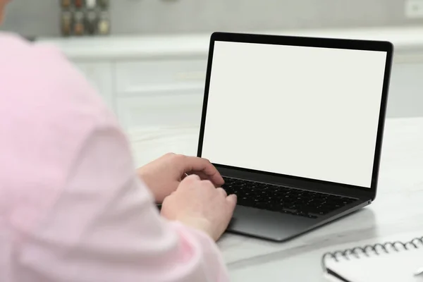 Woman Using Laptop White Table Indoors Closeup — Stock Photo, Image