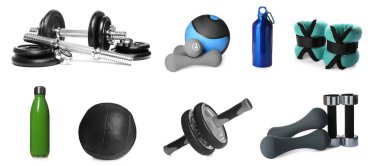 Set with different sports equipment on white background