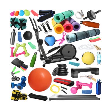 Set with different sports equipment on white background