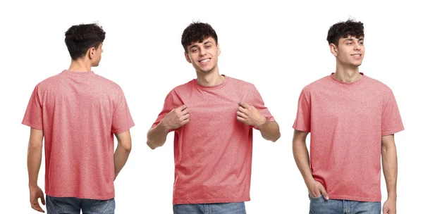 白を背景に バックとフロントビューにサンゴのTシャツの男の写真とコラージュ デザインのためのモックアップ — ストック写真