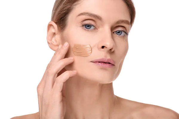 Woman Swatch Foundation Face White Background — Stock Photo, Image