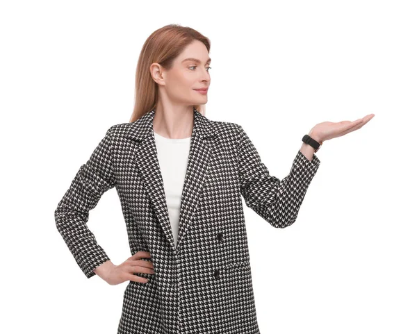 Beautiful Happy Businesswoman Suit Welcoming White Background — Stock Photo, Image