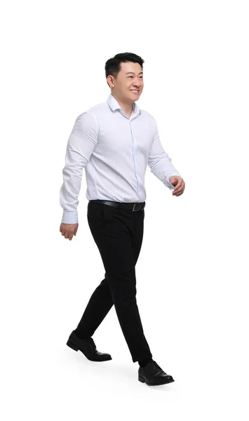 Επιχειρηματίας Επίσημα Ρούχα Περπατώντας Λευκό Φόντο — Φωτογραφία Αρχείου