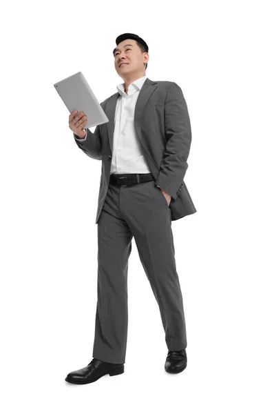Businessman Suit Tablet White Background Low Angle View — Stock Photo, Image