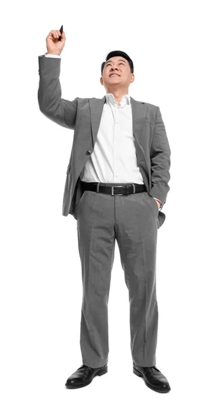 Geschäftsmann Anzug Mit Marker Schrift Auf Weißem Hintergrund Ansicht Niedrigen — Stockfoto