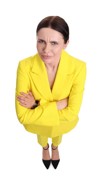 Hermosa Mujer Negocios Traje Amarillo Sobre Fondo Blanco Vista Superior —  Fotos de Stock