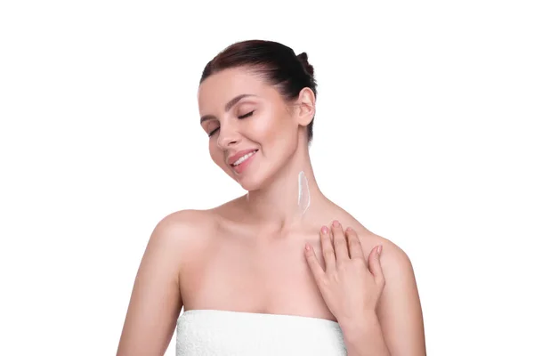 Beautiful Woman Smear Body Cream Her Neck White Background — Stock Photo, Image