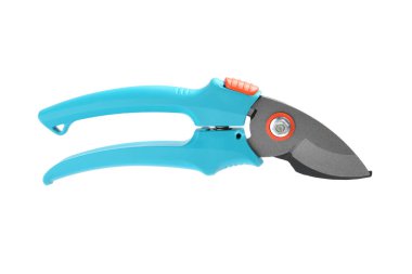 Açık mavi saplı Secateurs beyaz, üst manzara izole. Bahçe aleti