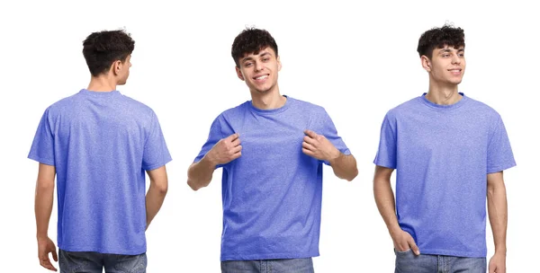 配上白底 背景色和前景色上穿着彩色T恤的男人的照片的学院 用于设计的模型 — 图库照片