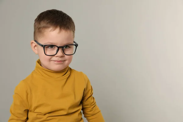 Cute Little Boy Glasses Light Grey Background Space Text — Stock Photo, Image