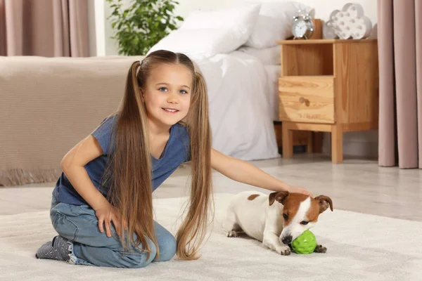 Cute Girl Playing Her Dog Bedroom Home Adorable Pet — Stok fotoğraf