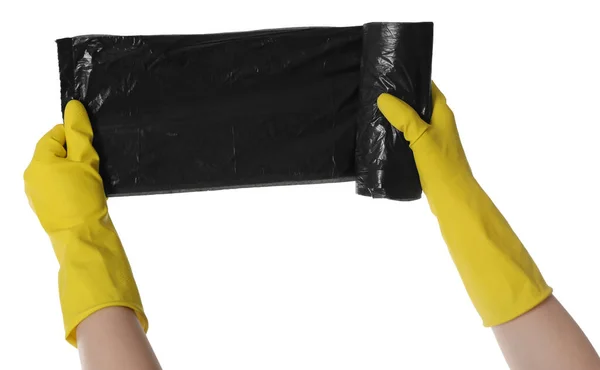 Woźny Gumowych Rękawiczkach Trzymający Rolkę Czarnych Worków Śmieci Białym Tle — Zdjęcie stockowe