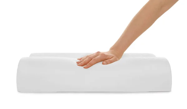 Woman Touching Orthopedic Memory Foam Pillow White Background Closeup — 스톡 사진