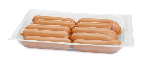 Recipiente Plástico Com Salsichas Isoladas Branco Produto Base Carne — Fotografia de Stock
