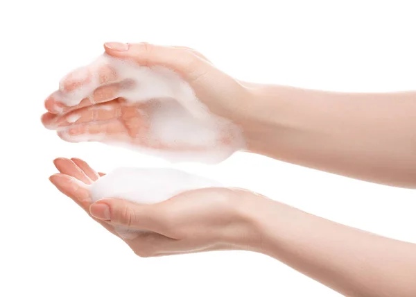 Woman Bath Foam White Background Closeup — Stock Fotó