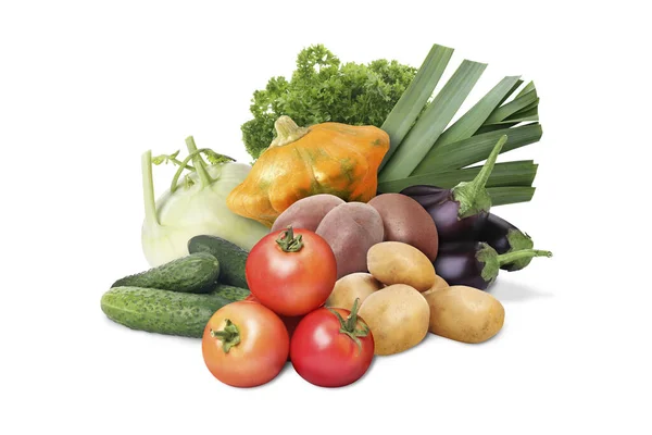 Many Different Fresh Vegetables Leek Parsley White Background — Stock Photo, Image