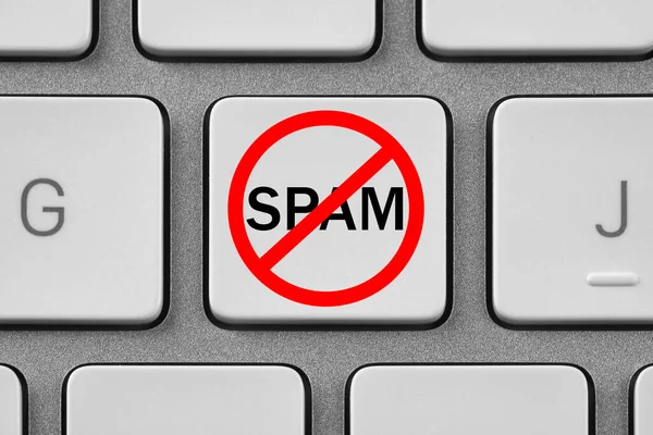 Señal Prohibición Con Palabra Spam Botón Del Ordenador Portátil Vista — Foto de Stock