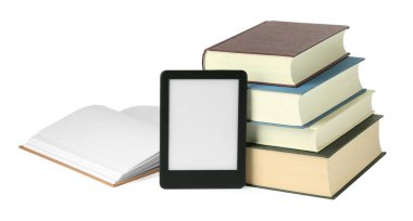Modern e-book and stack of hardcover books isolated on white