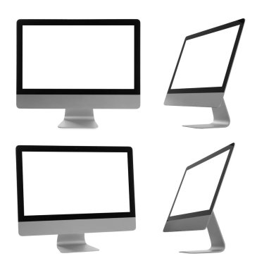 Beyaz arkaplanda bilgisayar monitörlü kolaj tasarımı, farklı taraflar