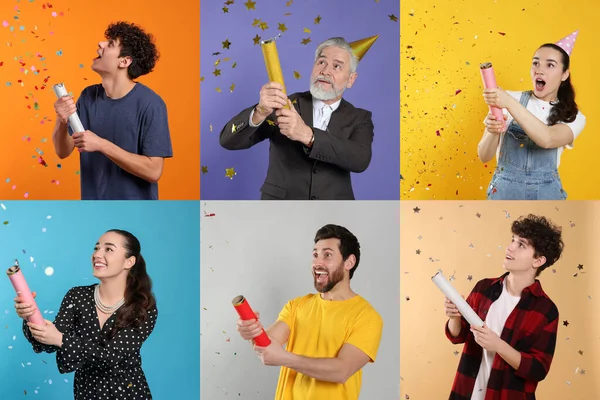 Collage Con Fotos Diferentes Personas Volando Poppers Fiesta Fondos Color —  Fotos de Stock