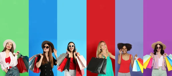 Boldog Nők Bevásárló Táskák Különböző Színű Hátterek Kollázs Design — Stock Fotó
