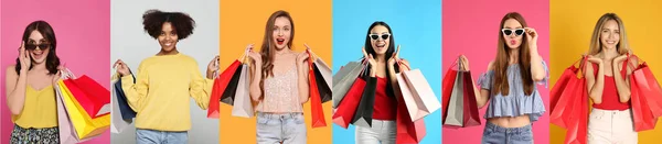 Счастливые Женщины Сумками Разных Цветов Заднем Плане Дизайн Коллажей — стоковое фото