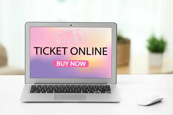 Buying Tickets Online Laptop Open Website Application Table — Stock Photo, Image