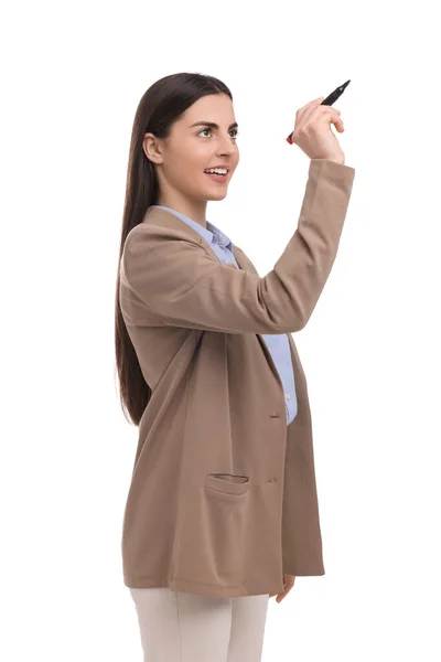 Beautiful Happy Businesswoman Marker White Background — Stock Photo, Image