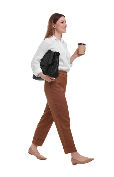 Beautiful Businesswoman Briefcase Paper Cup Coffee Walking White Background — Stock Photo, Image