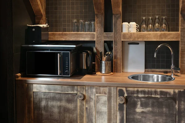 Hotel Kitchen Interior Stylish Furniture Appliances — Photo