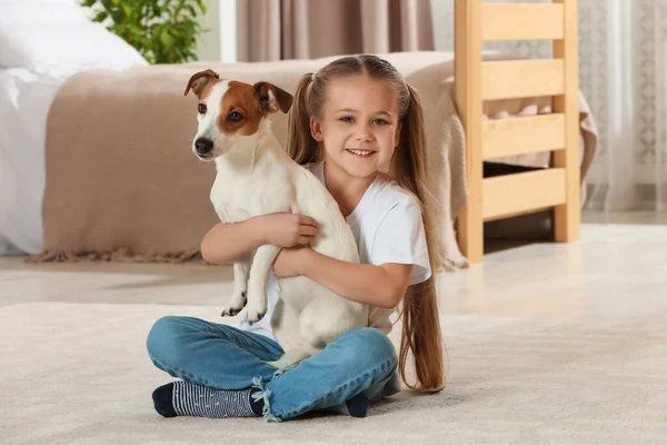 Cute Girl Hugging Her Dog Floor Home Adorable Pet — Fotografia de Stock