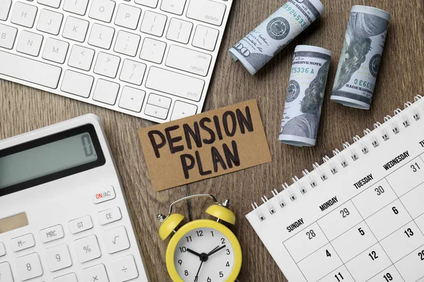 Card Words Pension Plan Banknotes Calculator Alarm Clock Wooden Office — Stock Photo, Image