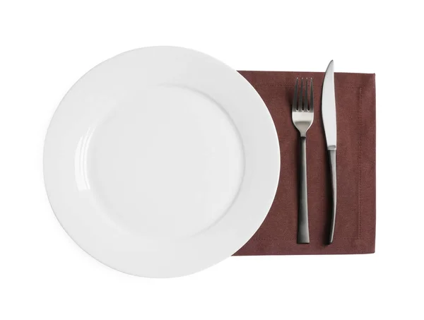 白色背景上的空盘子 叉子和刀 顶部视图 — 图库照片