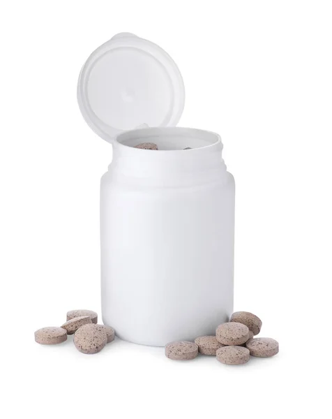 Kunststof Pot Met Biergist Tabletten Geïsoleerd Wit — Stockfoto